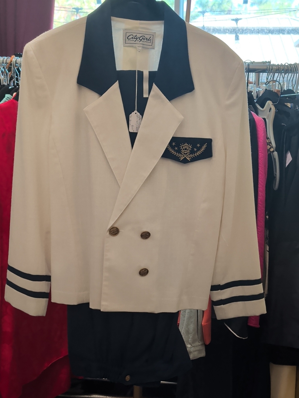 City Girl White Double-Breasted Blazer with Navy Trim